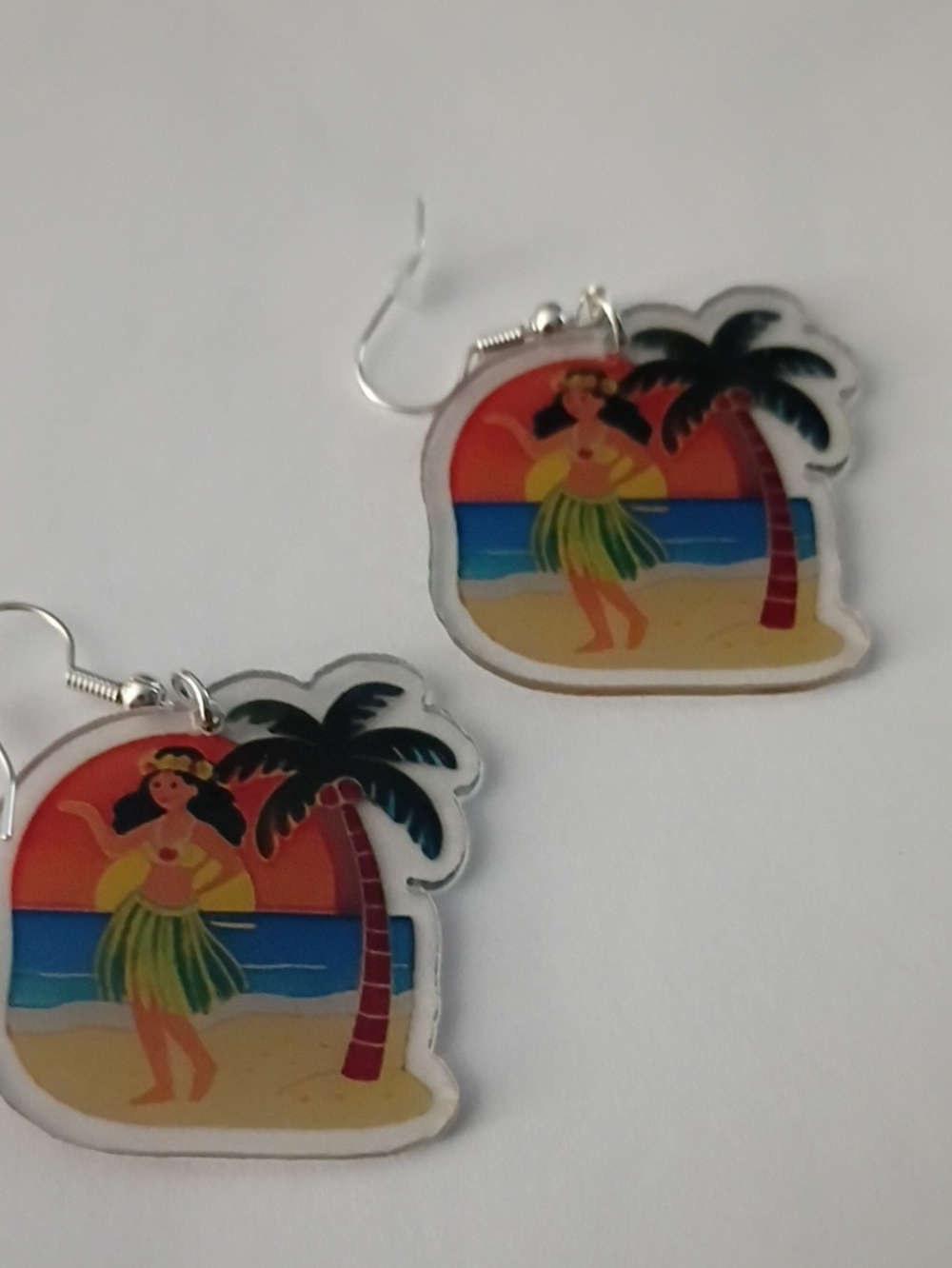 Hula Girl Palm Tree Drop Earrings - Yellow & Green